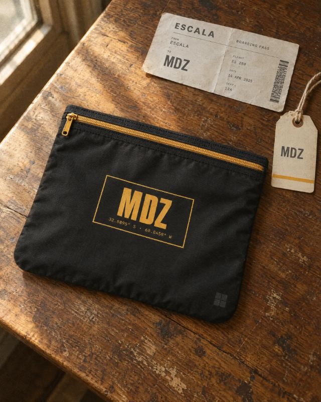 Bolsita negra de entrega con cierre ámbar y el recuadro MDZ